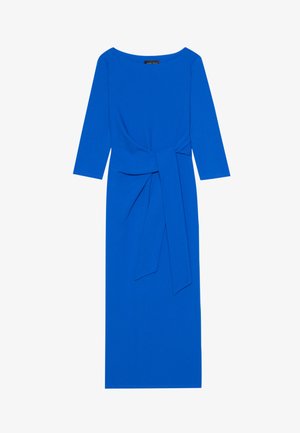 Blaues, tailliertes Kleid mit dreiviertel Ärmeln, einem runden Ausschnitt und einem Taillenzug. Hergestellt aus glattem Stoff in einfarbig.