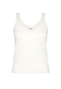 Canotta bianca senza maniche con scollo a V, realizzata in tessuto morbido. Presenta cuciture verticali sottili e una piccola etichetta con logo al collo.