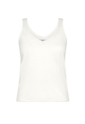 Débardeur blanc sans manches avec encolure en V, fabriqué en tissu doux. Présente des coutures verticales discrètes et une petite étiquette logo au niveau de l'encolure.