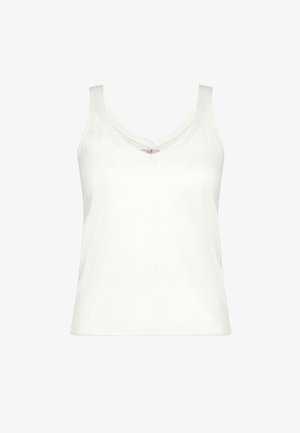 Débardeur blanc sans manches avec encolure en V, fabriqué en tissu doux. Présente des coutures verticales discrètes et une petite étiquette logo au niveau de l'encolure.