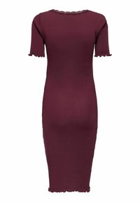 Robe midi côtelée ajustée en bordeaux avec manches courtes et bordure ondulée sur l'encolure, les manches et l'ourlet, vue de dos.