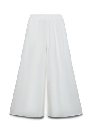 Pantalon blanc à jambes larges avec taille élastique, tissu lisse et coupe ample et fluide.