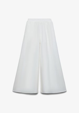 Pantalon blanc à jambes larges avec taille élastique, tissu lisse et coupe ample et fluide.
