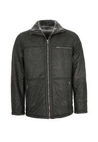 Schwarze Lederjacke mit Reißverschluss, zwei seitlichen Taschen und einem strukturierten grauen Kragen. Verfügt über ein gesticktes Paneeldesign und metallische Akzente.