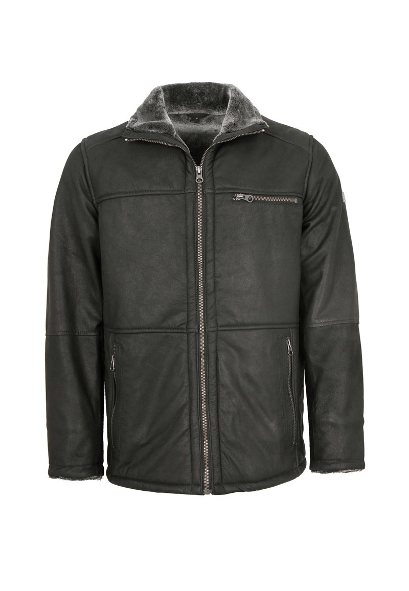 Schwarze Lederjacke mit Reißverschluss, zwei seitlichen Taschen und einem strukturierten grauen Kragen. Verfügt über ein gesticktes Paneeldesign und metallische Akzente.