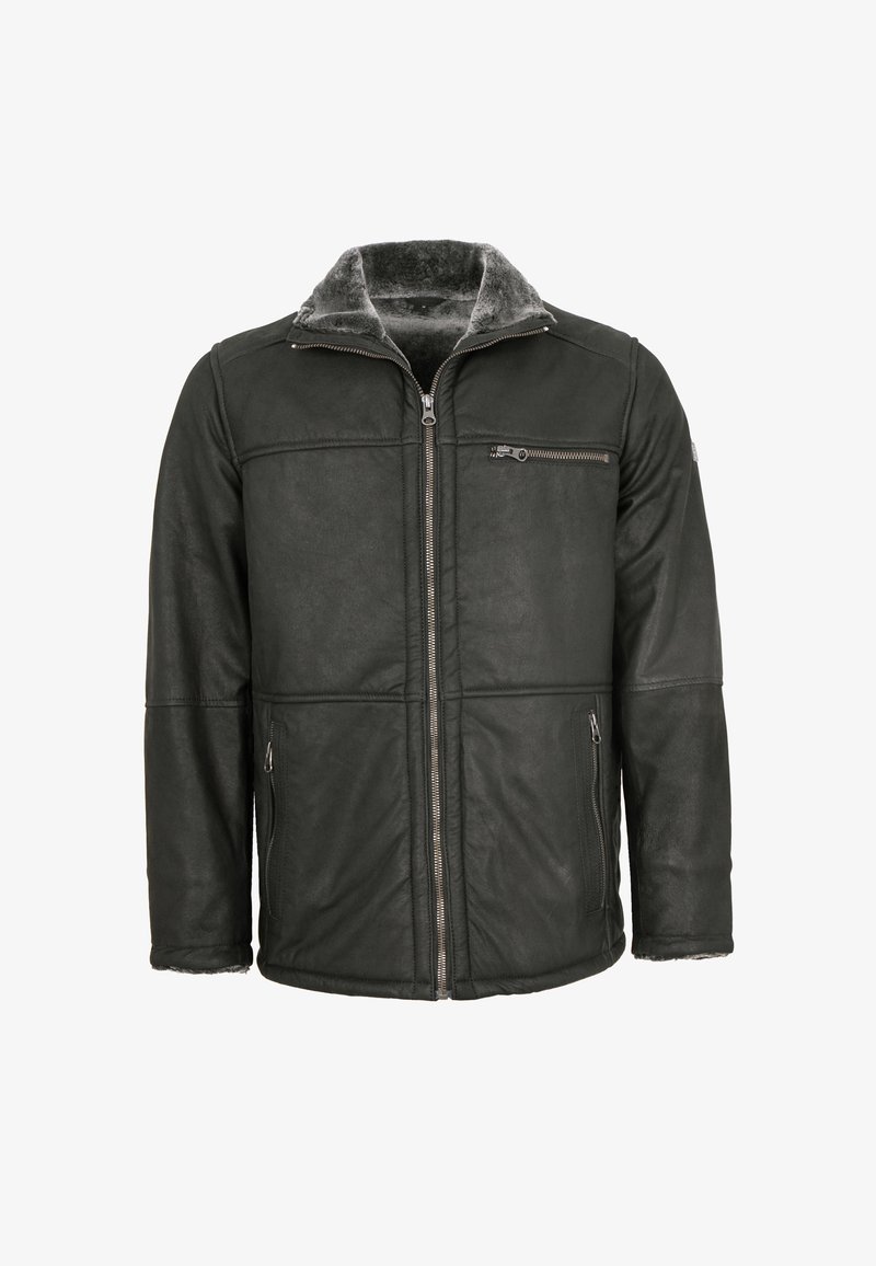 Schwarze Lederjacke mit Reißverschluss, zwei seitlichen Taschen und einem strukturierten grauen Kragen. Verfügt über ein gesticktes Paneeldesign und metallische Akzente.