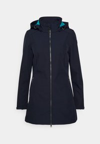 Giacca blu navy con colletto alto e cappuccio, dotata di cerniere frontali e tasche laterali, realizzata in un tessuto liscio e flessibile.