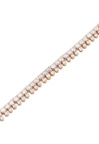 Bracciale in oro rosa con una fila di gemme in zirconia cubica trasparente tonda disposte in un design lineare. Texture liscia e lucida con superficie riflettente.