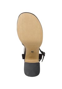 Black heeled sandal with a textured leather upper, a smooth beige insole, and a patterned black rubber sole. Features an adjustable ankle strap.