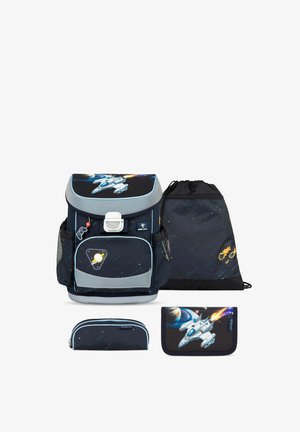 Schultaschenset mit weltraumthemenbezogenen Raketen-, Planeten- und Meteor-Designs, inklusive Rucksack, Turnbeutel, Federmäppchen und Geldbörse.