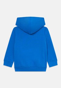 Sweatshirt com capuz em algodão azul brilhante, com um design simples e punhos e barra canelados. Textura suave, sem padrões visíveis.