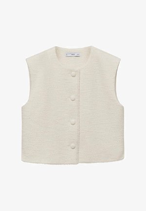 Apron-style vest in textured cream fabric, featuring a rounded neckline and five button closures at the front. Sleeveless design.