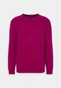 Maglione in fucsia a maglia con maniche lunghe, scollatura rotonda e polsini e orlo a costine. Texture morbida e colore uniforme, senza motivi o decorazioni.