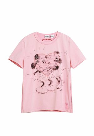Rosa bomuld T-shirt med et sort og pink motiv af to tegneseriemus med et hjerte-design. Kortærmet med standard rund halsudskæring.
