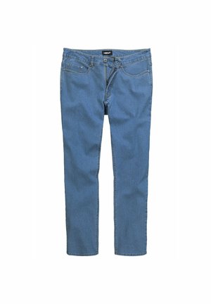 Blauwe denim jeans met een recht model, voorzien van vijf zakken, een ritssluiting en een merklabel op de tailleband.