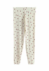 Leggings in cream cotton with red heart pattern, featuring a ribbed texture and an elastic waistband. Fitted design extends to ankle length.