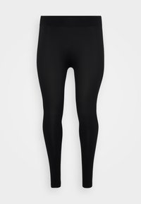 Black leggings with a fitted design, made from a smooth, stretchy fabric. Features a wide, elastic waistband. No visible patterns or accents.