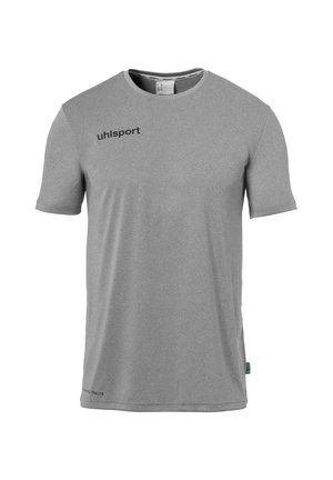 Grå kortærmet t-shirt lavet af glat stof, med et sort "uhlsport" logo på forsiden og en lige kant forneden.