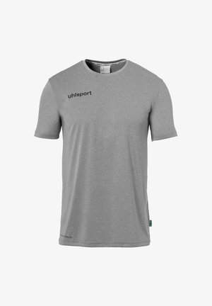 Grå kortærmet t-shirt lavet af glat stof, med et sort "uhlsport" logo på forsiden og en lige kant forneden.