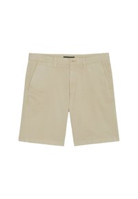 Beige shorts made of lightweight fabric, featuring two front pockets, a button closure, and a flat waistband. Smooth texture, standard length.