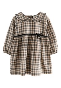 Plaid dress in beige, featuring a ruffled collar and long sleeves. Black velvet belt at the waist, gathered skirt with soft texture.