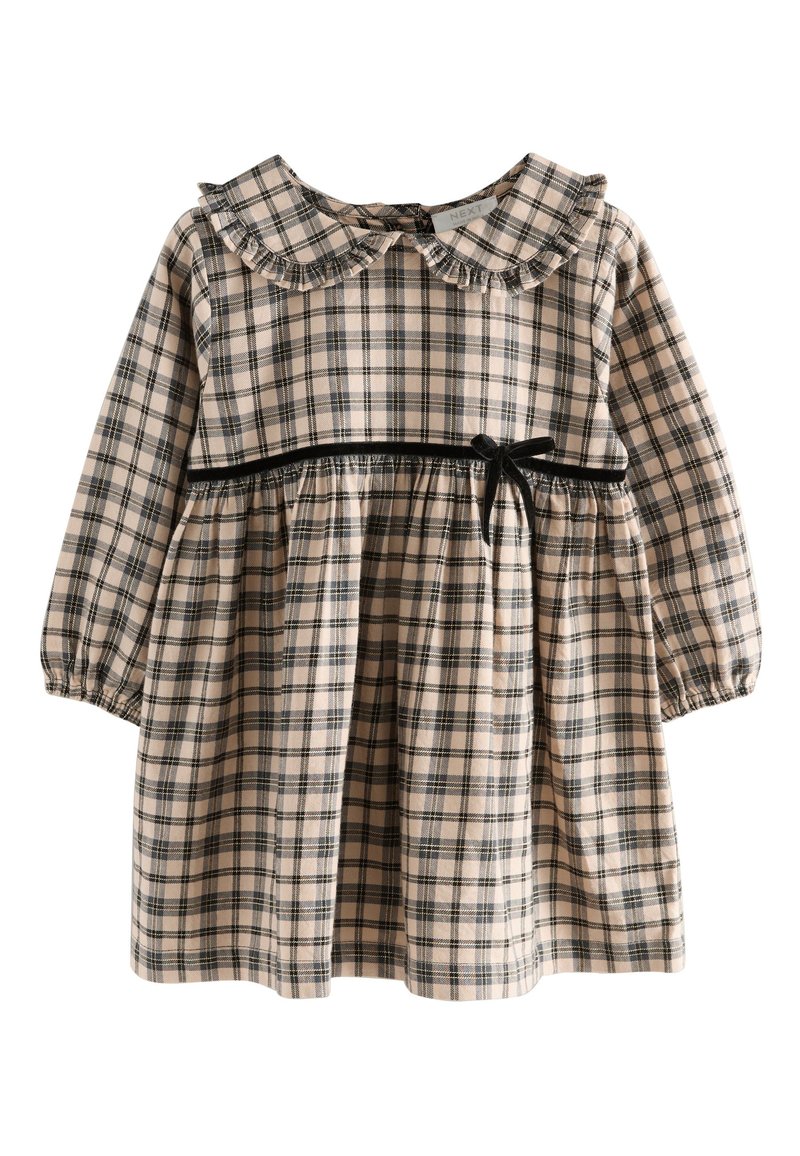 Plaid dress in beige, featuring a ruffled collar and long sleeves. Black velvet belt at the waist, gathered skirt with soft texture.