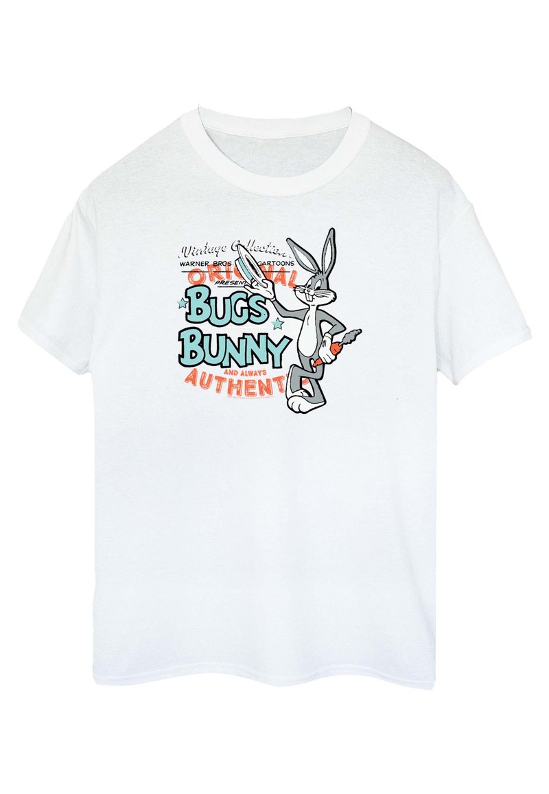 Bílá bavlněná tričko s grafikou Bugs Bunnyho a textem v černé, modré a oranžové barvě. Krátké rukávy a kulatý výstřih.