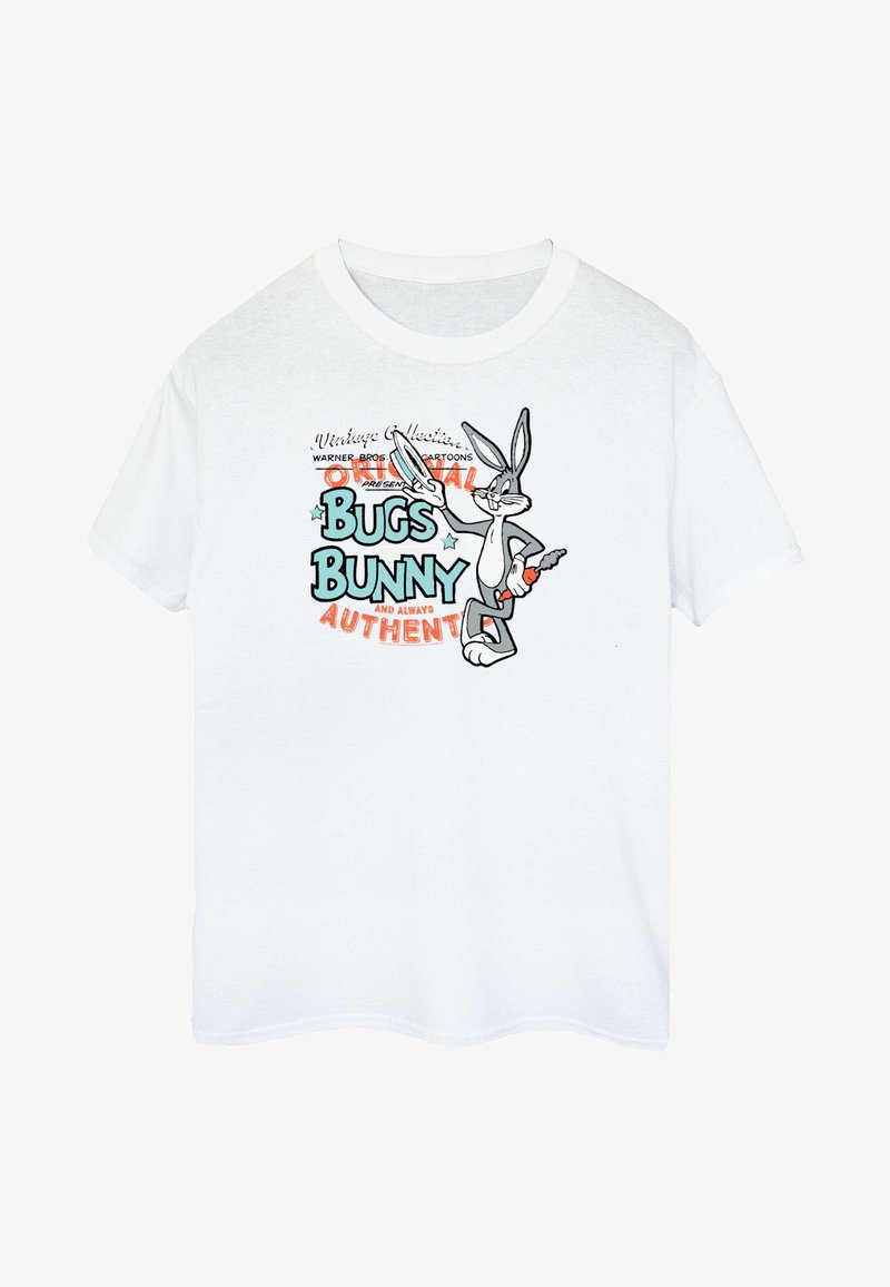 White cotton t-shirt featuring a graphic design of Bugs Bunny with text in black, blue, and orange. Short sleeves with a round neckline.