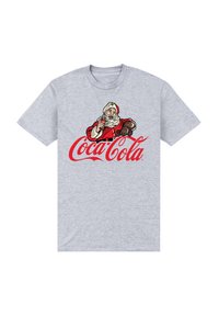 Šedé bavlněné tričko s vintage grafikou Santa Clause a logem Coca-Cola v červené barvě, které je výrazně umístěno uprostřed.