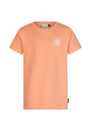 T-shirt a maniche corte in morbido cotone pesca, con scollo rotondo e piccolo logo bianco sul lato sinistro del petto. Vestibilità classica senza decorazioni.