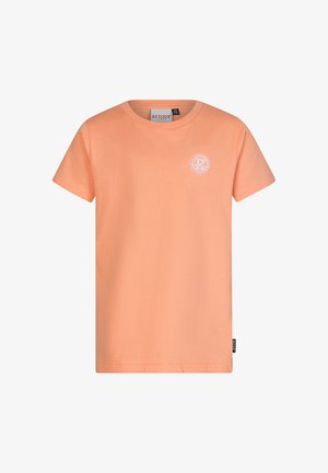 Koszulka z krótkim rękawem z miękkiej, brzoskwiniowej bawełny, z okrągłym dekoltem i małym białym logo na lewej piersi. Klasyczny krój bez ozdób.