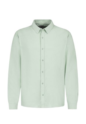 Hellgrünes, langärmliges Hemd mit Kragen und Knopfleiste, von vorne auf weißem Hintergrund dargestellt.