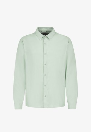 Light green long-sleeve button-up shirt with collar, displayed front-facing on a plain white background.