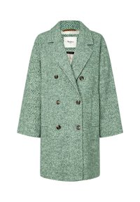 Double-breasted coat in herringbone pattern, made from a green wool blend. Features large brown buttons and a collar, with elbow-length sleeves.