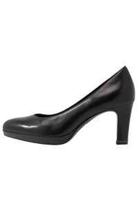 Czarny skórzany but na wysokim obcasie z okrągłym czubkiem, zaokrągloną sylwetką i teksturowaną platformą. Obcas ma umiarkowaną wysokość.