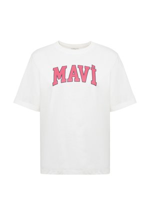 Weißes Baumwoll-T-Shirt mit rosa Blockbuchstaben "MAVI" auf der Brust. Kurze Ärmel und ein leger geschnittenes Design.