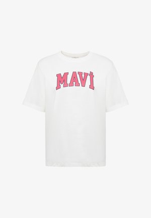 White cotton t-shirt featuring pink block lettering "MAVI" across the chest. Short sleeves and a relaxed fit design.