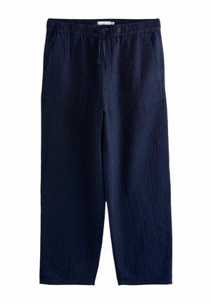 Navy blue loose-fit trousers with elastic waistband, drawstring, two side pockets, and subtle vertical stripe texture.