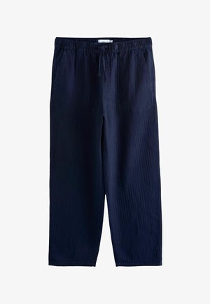 Locker sitzende marineblaue Hose mit elastischem Bund, Kordelzug, zwei Seitentaschen und dezenter vertikaler Streifenstruktur.