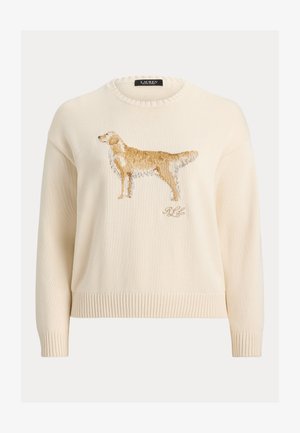 Lys kremfarget genser med teksturert strikk, rund hals og brodert golden retriever-motiv på forsiden. Ribbestrikkede mansjetter og nederkant.