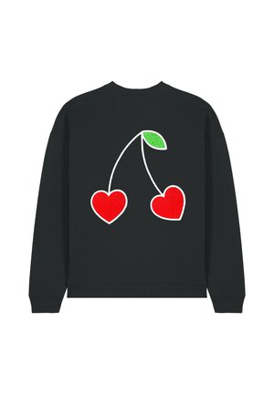 Felpa nera con un design di due cuori rosse con una foglia verde, contornate di bianco, centrate sul retro. Tessuto morbido, vestibilità casual.
