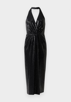 Rochie halter neagră din material cu paiete, având un decolteu adânc în V, talie strânsă și o siluetă ajustată care se termină la jumătatea gambei.