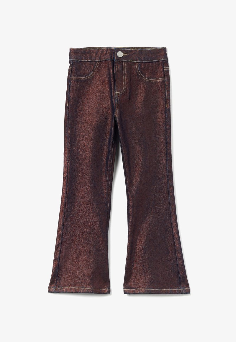 Braune metallische Schlagjeans mit standardmäßigen Taschen und kontrastierenden gelben Nähten. Verfügt über einen Knopfverschluss und ungehemmte Kanten.