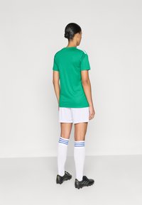 Πράσινο αθλητικό πουκάμισο, λευκό σορτς και μαύρα ποδοσφαιρικά παπούτσια. Διαθέτει άσπρες κάλτσες με μπλε ρίγες. Απλός σχεδιασμός, κοντά μανίκια, λεία υφή.