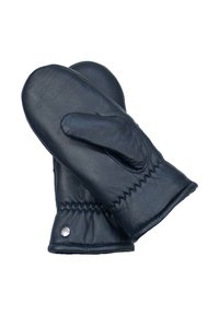 Black leather mittens with a smooth texture, gathered stitching at the wrist, and a decorative silver accent on the cuff.