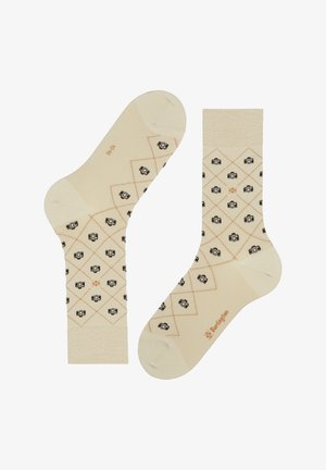 Crème-kleurige sokken met een ruitpatroon en kleine zwarte cameragraphics. Gemaakt van een zachte stof, met een geribbelde boord en merknaam.