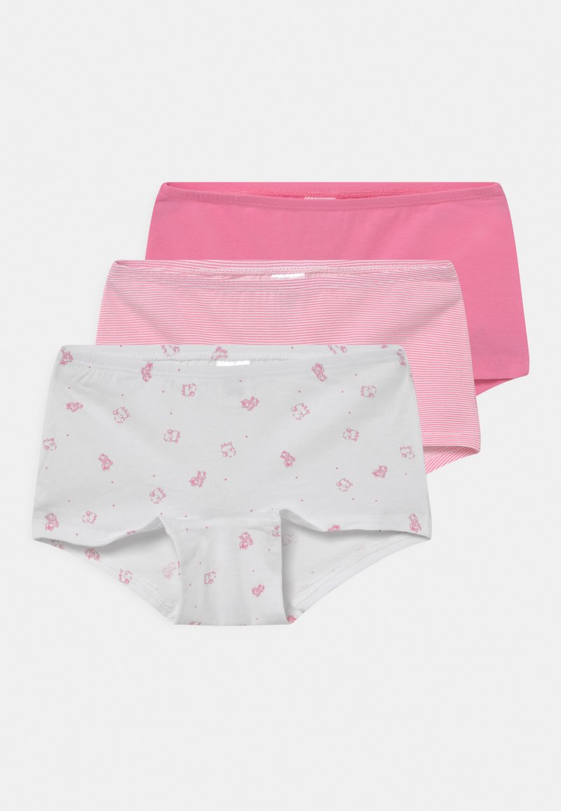 Trois paires de sous-vêtements pour enfants : une paire unie rose, une paire rayée rose clair et une paire blanche avec des motifs d'ours roses. Matériau en coton doux.