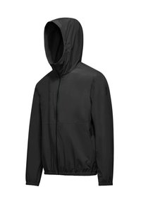 Giacca nera leggera con cappuccio, vita e polsini elasticizzati, con una superficie liscia e chiusura con zip a tutta lunghezza.