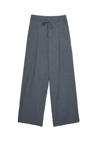 Bukser med vide ben i et tekstureret mørkegråt stof, der har snøre i taljen og forreste læg.