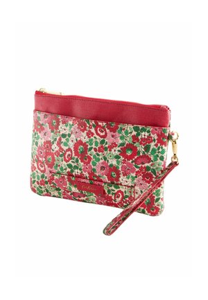 Blumen-Clutch mit rotem Oberteil, featuring ein pinkes und grünes Blumenmuster, strukturiertem Stoff, Reißverschluss und abnehmbaren Handgelenkriemen.